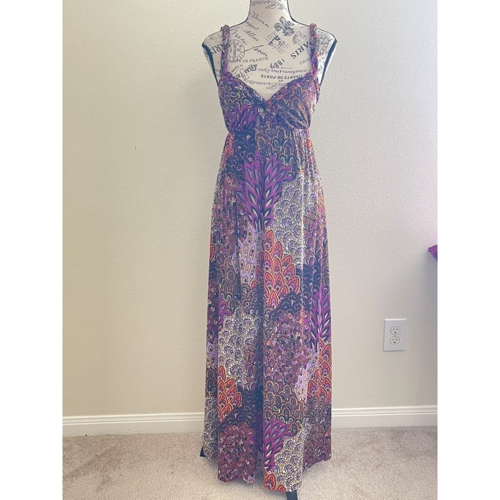 MM Womens Paisley Empire Waist Maxi Dress Purple Orange Braided Straps Large